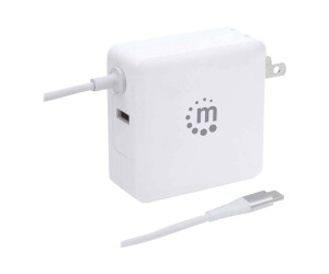 Manhattan Wall / Power Charger, USB-C and USB-A Ports, USB-C Output: 60W / 3A, USB-A Output: 2.4A, USB-C 1M Cable Built in, White, Three Year Warranty-Power Service- 60 watts - 3 a - 2 output connection points (USB, USB -C)