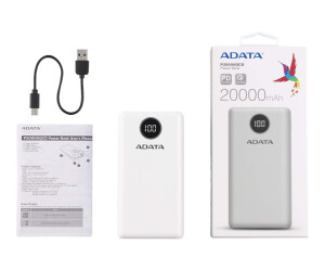 ADATA P20000QCD - Powerbank - 20000 mAh - 74 Wh - 18 Watt - PD 3.0, QC 3.0 - 4 Ausgabeanschlussstellen (USB, 24 pin USB-C)