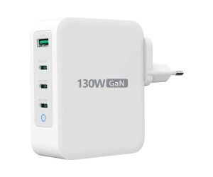 j5create JUP43130E - Netzteil - GaN - 130 Watt - 5 A - Huawei Fast Charge, PD 2.0, PD 3.0, QC 4.0, AFC, BC 1.2, Apple 2.4A - 4 Ausgabeanschlussstellen (USB Typ A, 3 x USB-C)