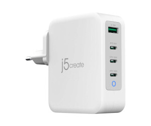 j5create JUP43130E - Netzteil - GaN - 130 Watt - 5 A - Huawei Fast Charge, PD 2.0, PD 3.0, QC 4.0, AFC, BC 1.2, Apple 2.4A - 4 Ausgabeanschlussstellen (USB Typ A, 3 x USB-C)