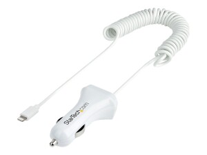 StarTech.com Lightning Car Charger with 1m Coiled Lightning Cable, 12W, White, 2 Port USB Car Charger Adapter for Phones and Tablets, In Car Apple iPhone/iPad Charger w/ Built-in Cord - Dual USB Car Charger (USBLT2PCARW2)