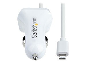 StarTech.com Lightning Car Charger with 1m Coiled Lightning Cable, 12W, White, 2 Port USB Car Charger Adapter for Phones and Tablets, In Car Apple iPhone/iPad Charger w/ Built-in Cord - Dual USB Car Charger (USBLT2PCARW2)