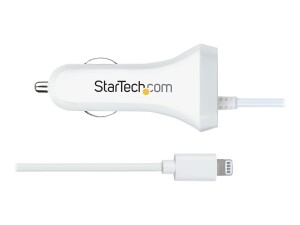 StarTech.com Lightning Car Charger with 1m Coiled Lightning Cable, 12W, White, 2 Port USB Car Charger Adapter for Phones and Tablets, In Car Apple iPhone/iPad Charger w/ Built-in Cord - Dual USB Car Charger (USBLT2PCARW2)