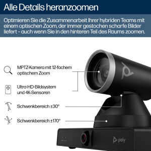 HP Poly Studio E60 – Konferenzkamera – PTZ – 2x 8 MP – 4K UHD – 12x optischer Zoom – Auto-Tracking – LAN/USB – Schwarz