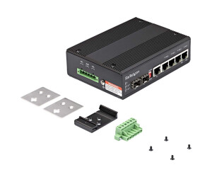 StarTech.com Industrial 6 Port Gigabit Ethernet Switch - 4 PoE RJ45 +2 SFP Slots 30W PoE+ 12-48VDC 10/100/1000 Power Over Ethernet LAN Switch -40°C bis 75°C Hutschienenmontage (IES1G52UP12V)