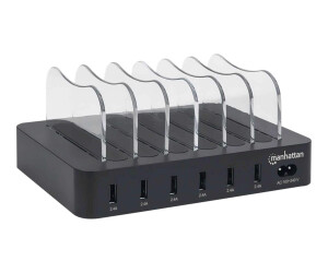 Manhattan Charging Station, 6x USB -A Ports, Outputs: 6x 2.4a, Smart IC, LED indicator lights, black, Three Year Warranty, Box - charging station - 50 watts - 2.4 a - 6 output connection points (USB)
