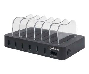 Manhattan Charging Station, 6x USB -A Ports, Outputs: 6x 2.4a, Smart IC, LED indicator lights, black, Three Year Warranty, Box - charging station - 50 watts - 2.4 a - 6 output connection points (USB)